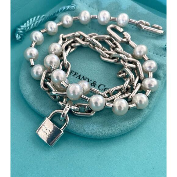 Auth Tiffany & Co. Hardwear Pearl Ball Lock Chain Link Wrap Bracelet 22” Silver - Picture 1 of 16